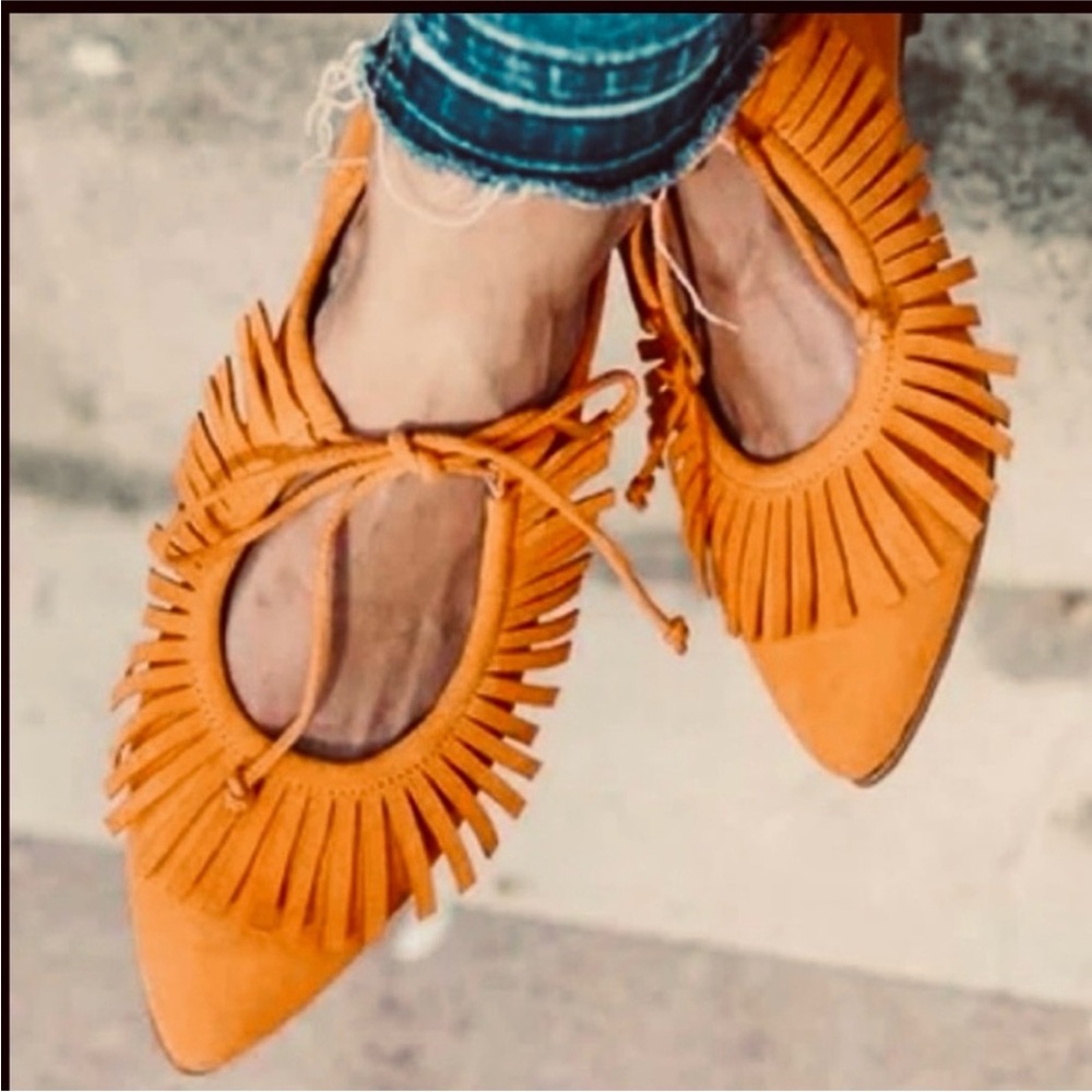 Fringed Orange Faux Suede Pointed Flats